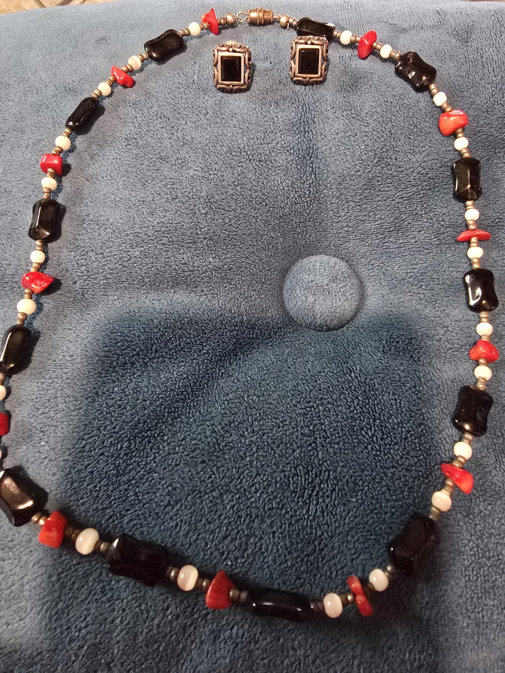 Handcrafted Black and Red Beaded Necklace with Matching Earrings